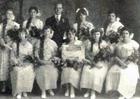 Varina HS Class of 1917:  Front: Evelyn Rennie, unidentified, Elizabeth Miller, Selena K. Beasley, Ethel Beavers.  Back: Unidentified, Elsie Feese, Principal George Baker, Marion Garnett, Virginia Nelson.