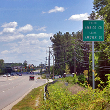 Heading south on Route 1, we leave Hanover County and enter Henrico County when we pass over the Chickahominy River.