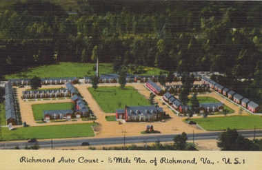 Also gone is the Richmond Auto Court, one half mile outside the city.  According to the back of its postcard, it was Built to meet the approval of the most discriminating tourist. Radios, private baths, garages, thermostatic heat controls, switchboard telephones, 24 hour service.