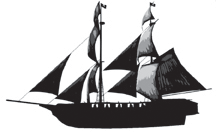An illustration of a brig, a two-masted, square-rigged ship.  The triangular sails are gaff sails.