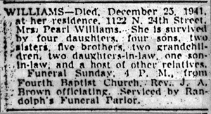 The 1941 newspaper obituary of Mrs. Pearl E. Williams.