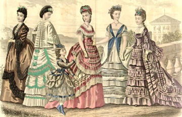 Image of dresses wtih fluting from Godey's Lady's Book magazine August 1870.