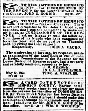Daily Dispatch 1860 showing goddins candidacy for Commissioner of Revenue, and ad by John Eacho refuting charges Goddin made against him.