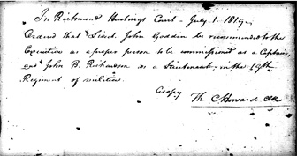 1819 letter announces the promotion of Lieutenant John Goddin to captin in the Nineteenth Regiment of the militia.