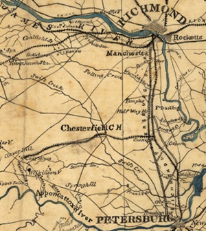 South central Virginia rail lines, 1864 map.