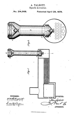 Spark arresters inside locomotive, 1879 patent diagram.