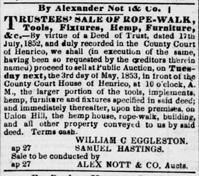This advertisement from the 2 May 1853 Daily Dispatch describes the elements of the ropewalk that would eventually be operated by Edward Simons.