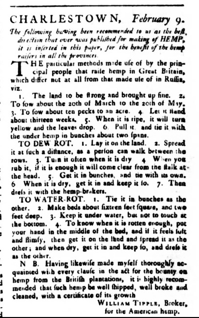 The 7 April 1777 Virginia Gazette offered directions on hemp cultivation and processing to help increase production of this much-needed material.