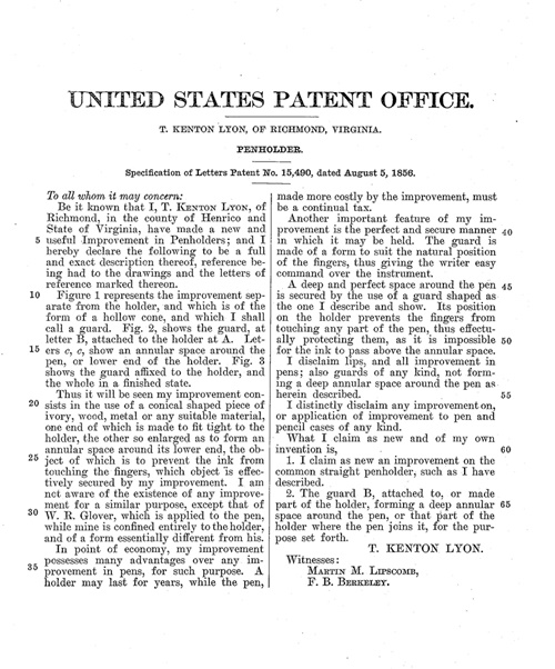 T. Kenton Ryan patent for pen holder.