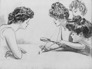 Whimsical sketch of young girls poking a little man with hatpin.