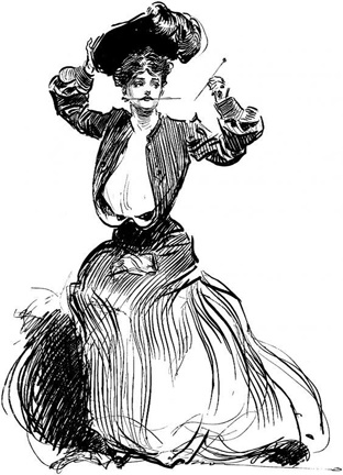 Gibson girl securing hat with hatpins.