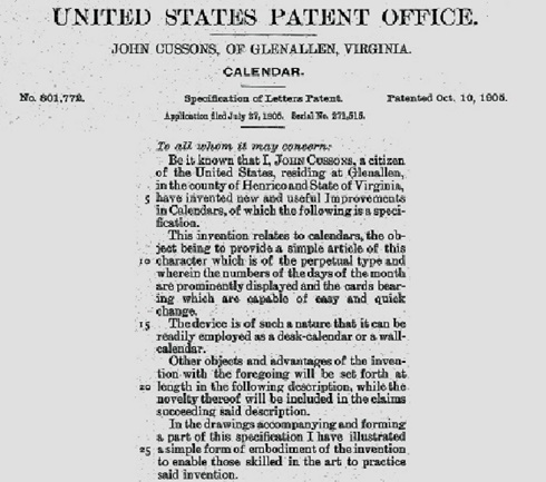 John Cussons' calendar patent description