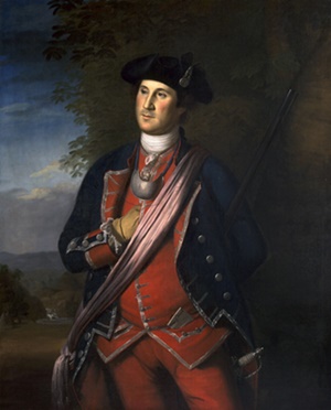 George Washington pictured in his uniform with a plethora of buttons.