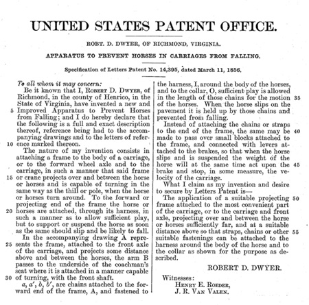 Patent text for preventing horses in carriages from falling.