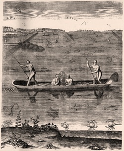 Engraving of Native Americans fishing.