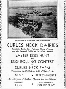 Vintage announcement of Easter egg hunt at Curles Neck Dairies in Varina District, Henrico County, Virginia.