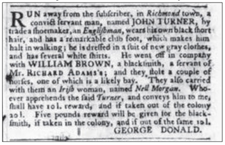 Ad for George Donald's runaway indentured servant.