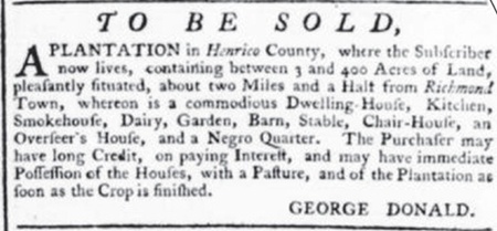 For sale ad - George Donald's plantation.