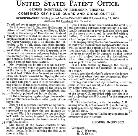 Combined Key-Hole Guard and Cigar Cutter patent, 1885.
