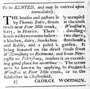 Rental ad, Virginia Gazette, 03291776.